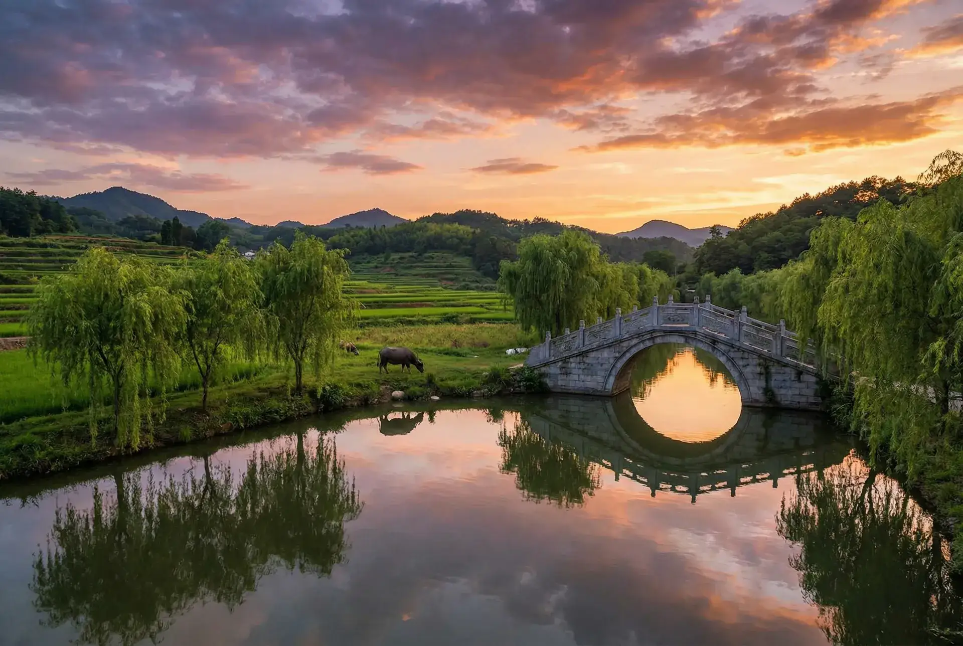 夕阳下的石拱桥与垂柳，水牛在河边吃草 - 拖    摸 网站 乡村美景